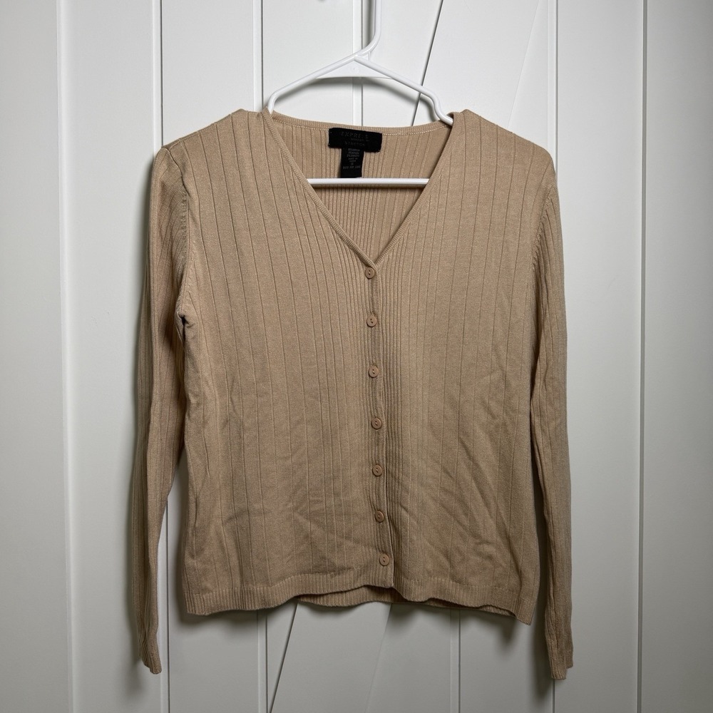 Express Women's ribbed V-neck knit cardigan Beige Size Small 90s Minimalist